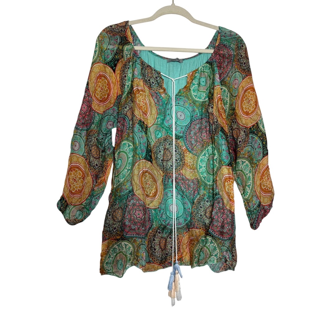 Angela Mara Colorful Medallion Print Top Bohemian 3/4 Sleeve Silk Blend‎ Blouse